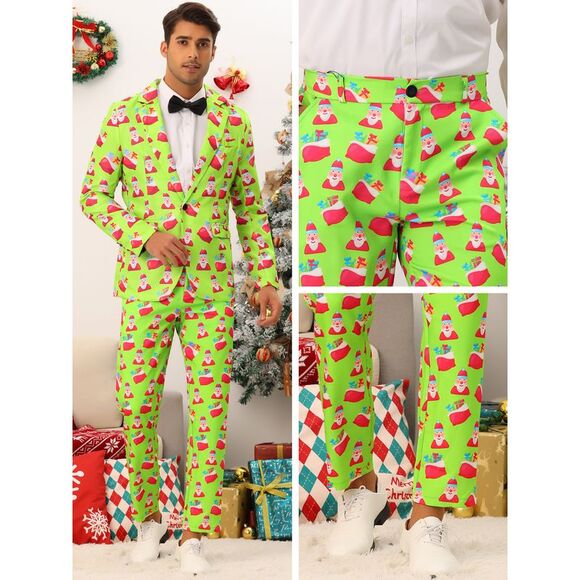 Christmas Printed Pants Flat Front Party Cosplay Costume Trousers Light Green - Picture 4 of 6